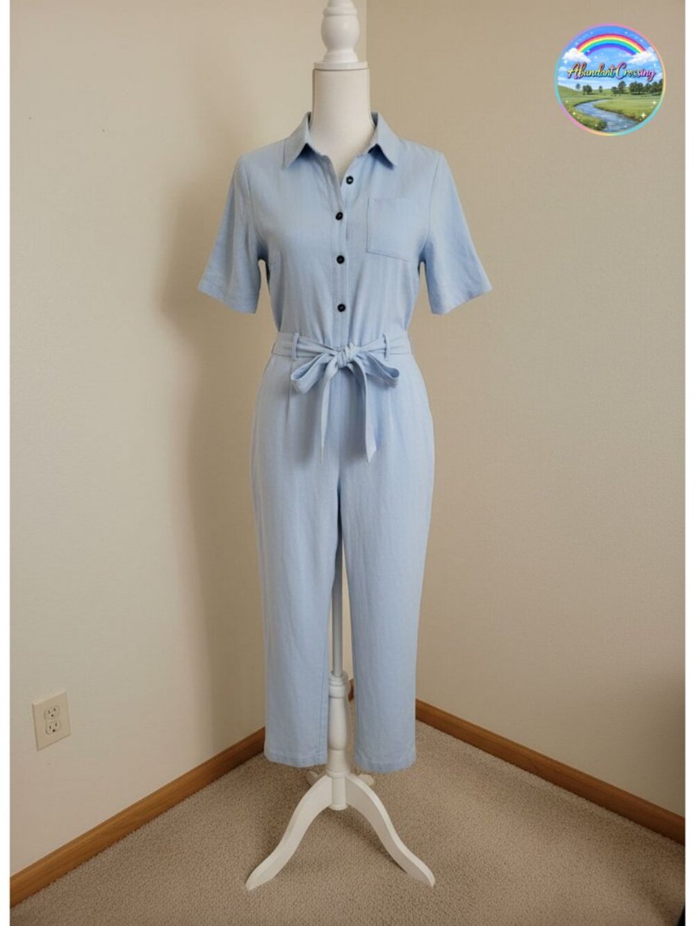 Women's Short Sleeve Collared Cotton Cargo Jumpsuit Tie Waist Work